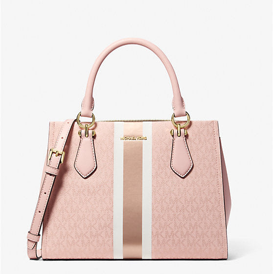 Michael Kors Marilyn Medium Signature Logo Stripe Satchel-POWDER