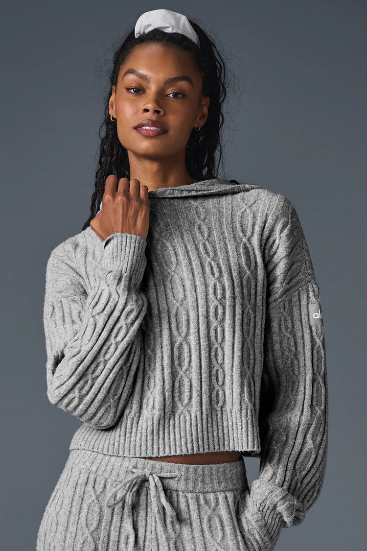Alo Yoga Cable Knit Winter Bliss Hoodie-Athletic Heather Grey Alo Yoga Cable Knit Winter Bliss Hoodie-Athletic Heather Grey