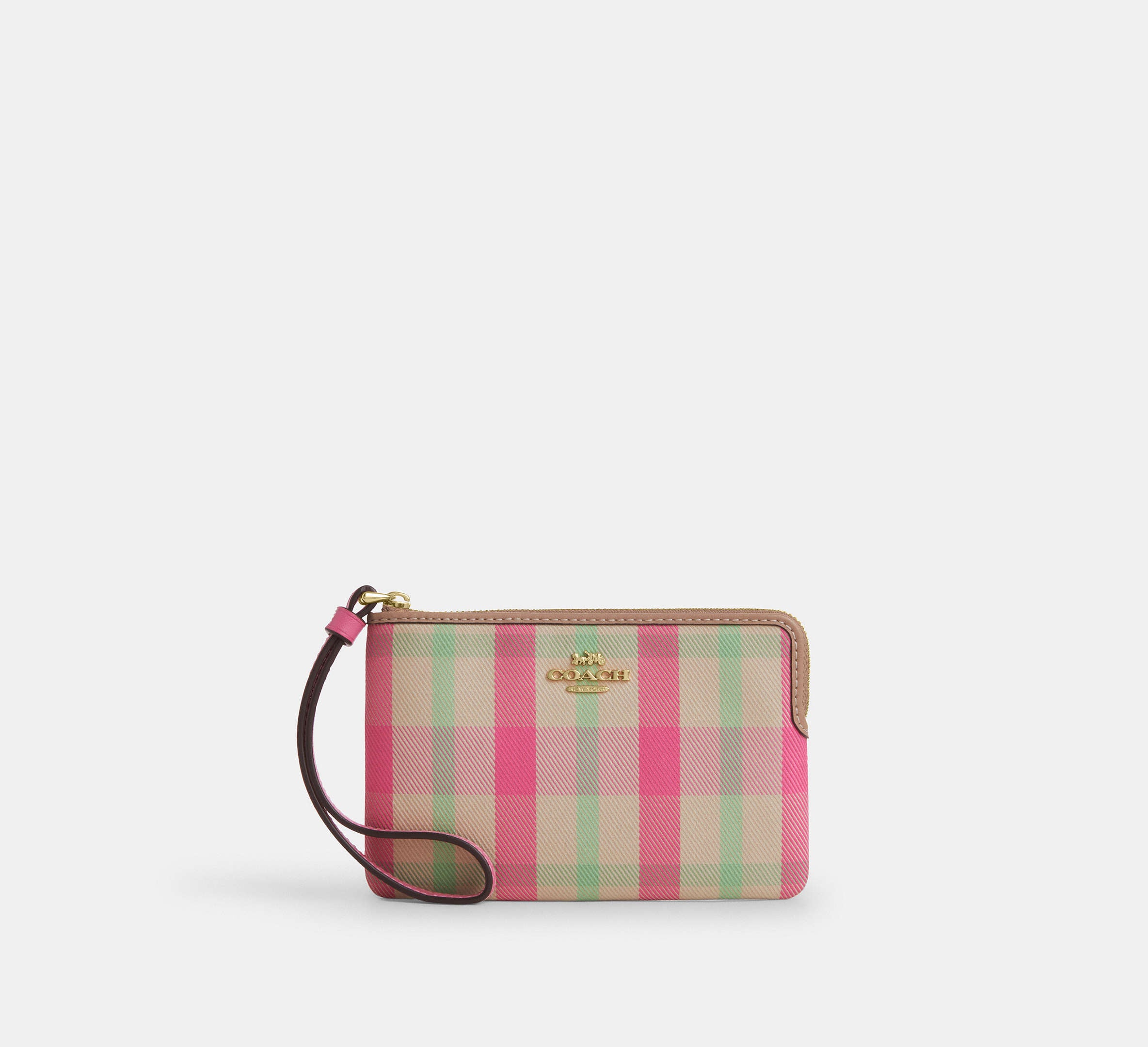 Coach Corner Zip Wristlet With Plaid Print - Gold/Pink Multi