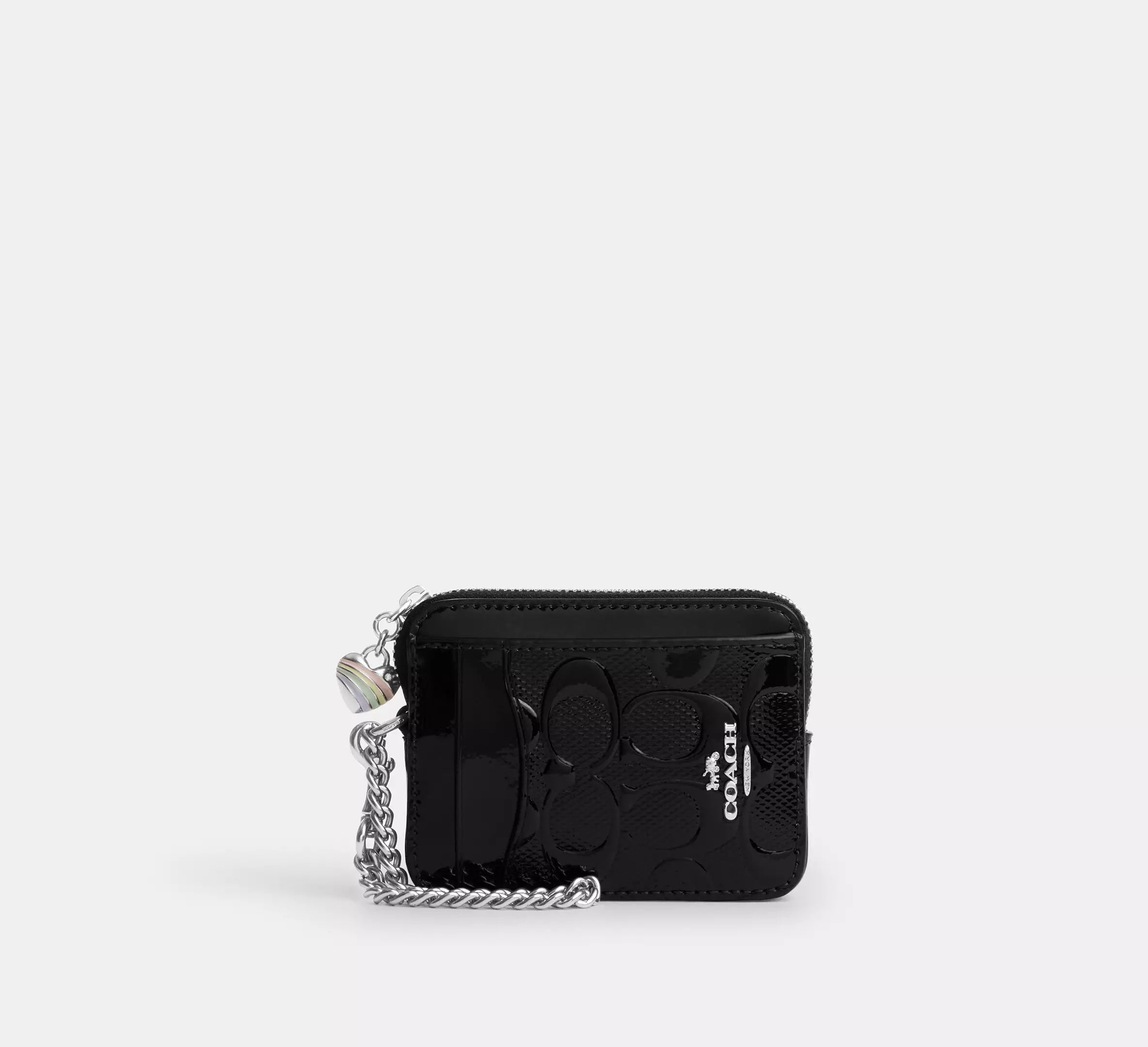 Coach Zip Card Case In Signature Leather With Heart Charm - Silver