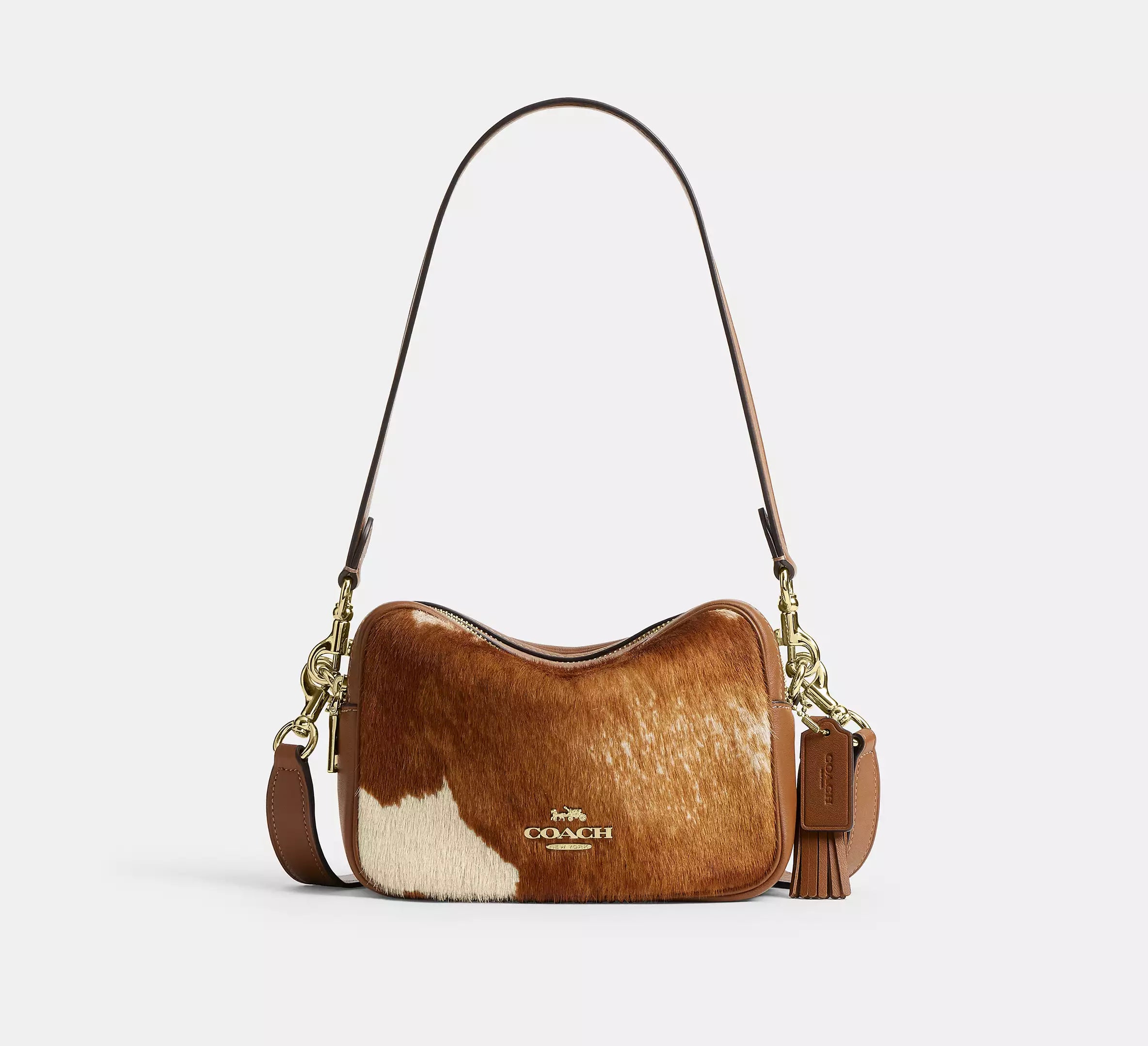Coach Mini Carey Crossbody Bag In Haircalf With Cow Print - Gold