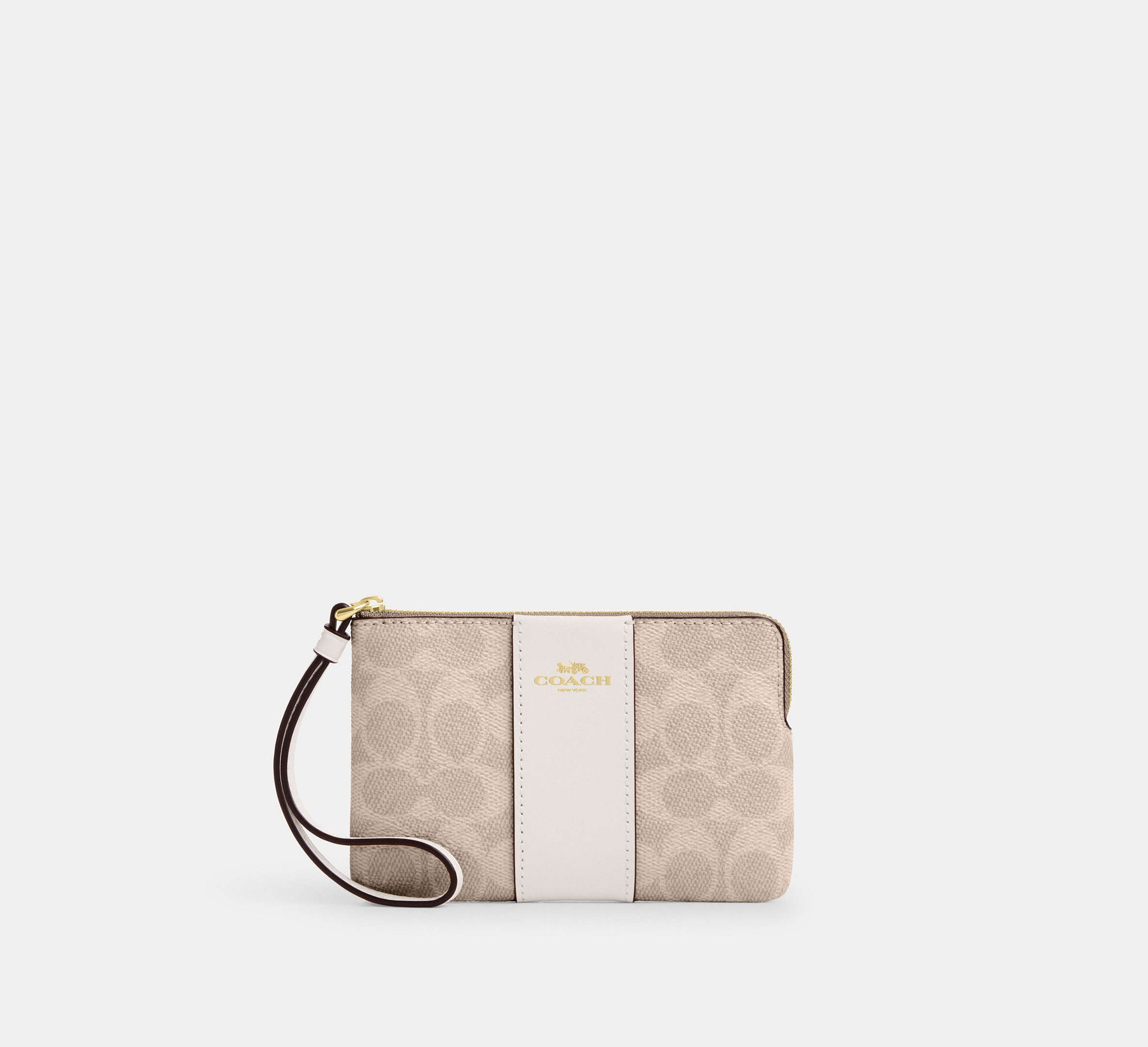 ガナッシュ Coach Corner Zip Wristlet In Signature With Stripe - Gold/Sand