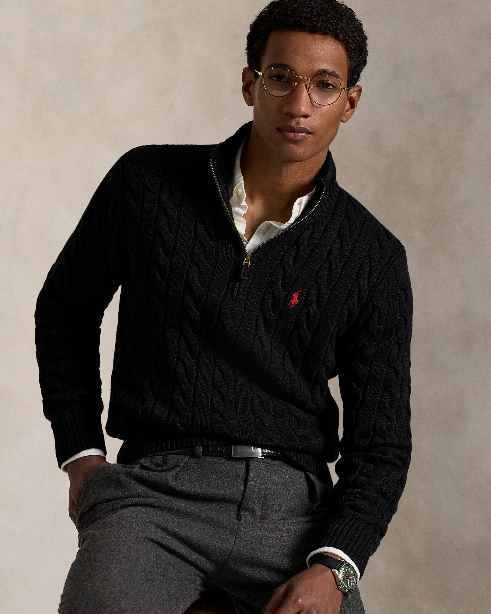 Ralph Lauren Men Cable-Knit Cotton Quarter-Zip Sweater - Polo