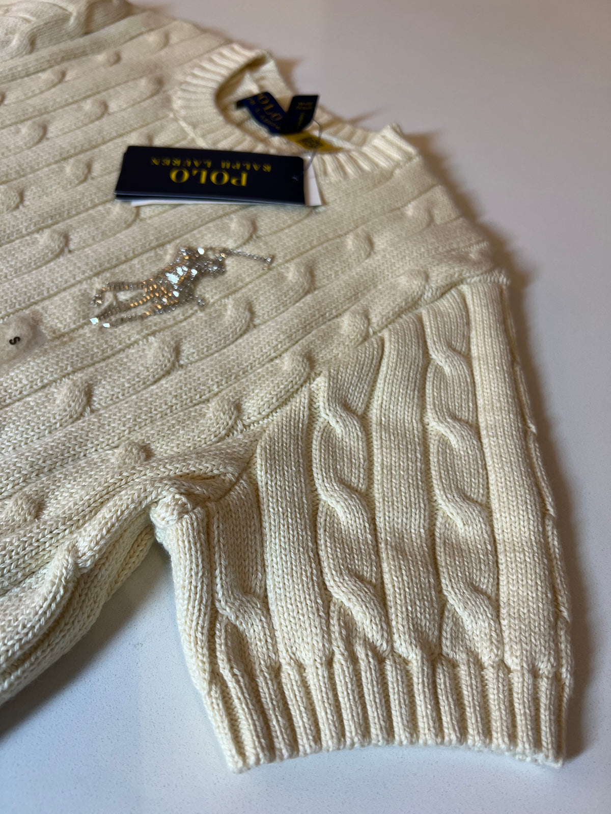 Ralph Lauren Cable-Knit Cotton Short-Sleeve Sweater Cream Hemen Teslimde