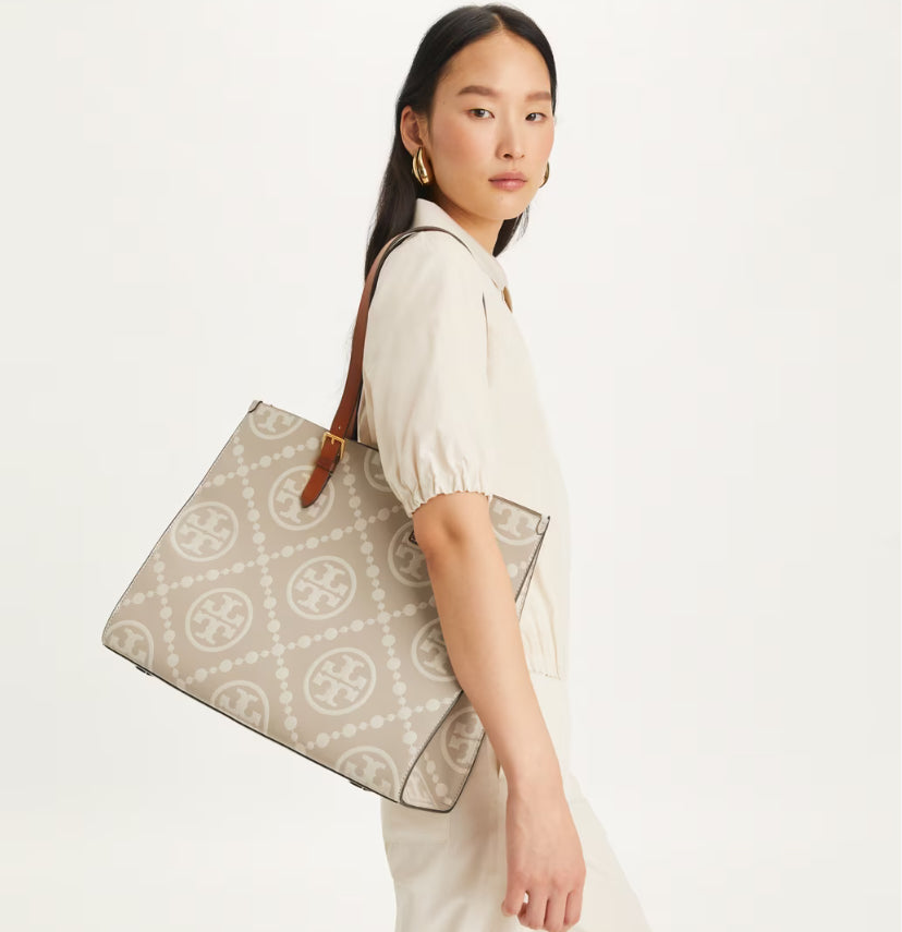 TORY BURCH T MONOGRAM CONTRAST EMBOSSED TOTE - LONGAN/NEW CREAM