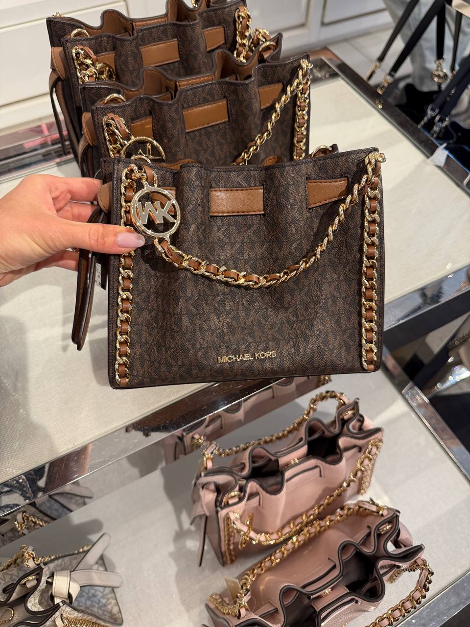 Michael Kors Mina Small Signature Logo Chain Crossbody Bag -BROWN - Hemen Teslimde