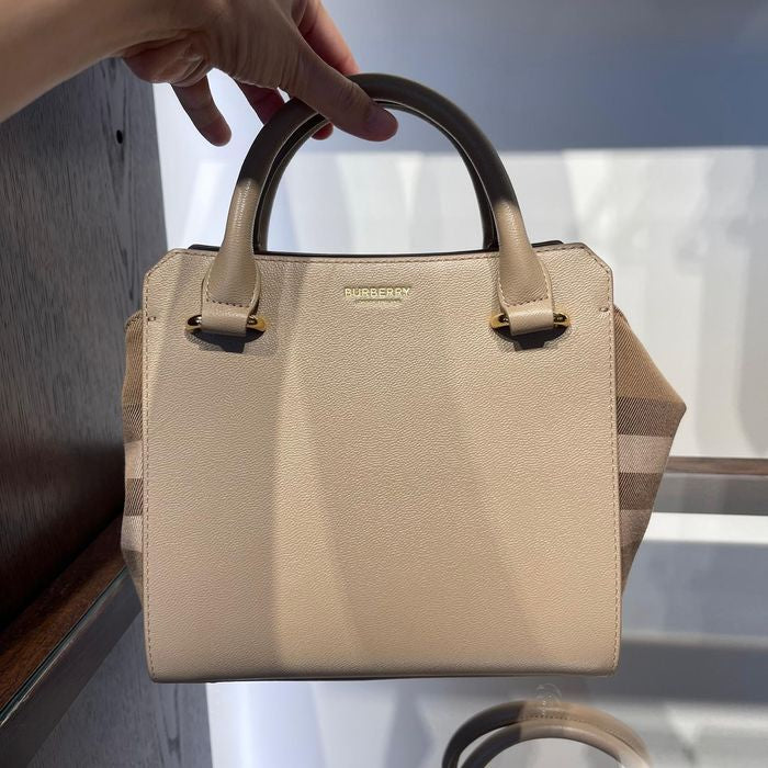 Burberry Calfskin Mega Check Mini Banwell Chestnut Beige Tote