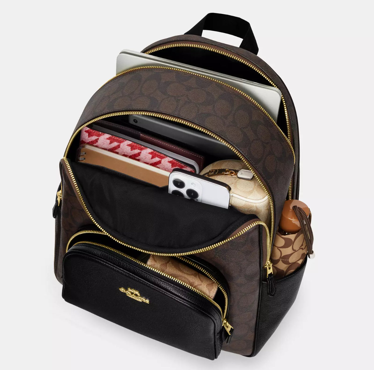 Coach Large Court Backpack In Signature Gold/Walnut/Black- Hemen Teslimde