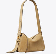 TORY BURCH SMALL ROMY SUEDE PICK STITCH SHOULDER BAG - butter