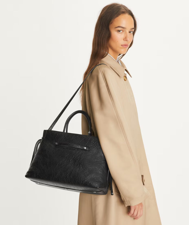 TORY BURCH LARGE MERCER DISTRESSED SATCHEL - BLACK