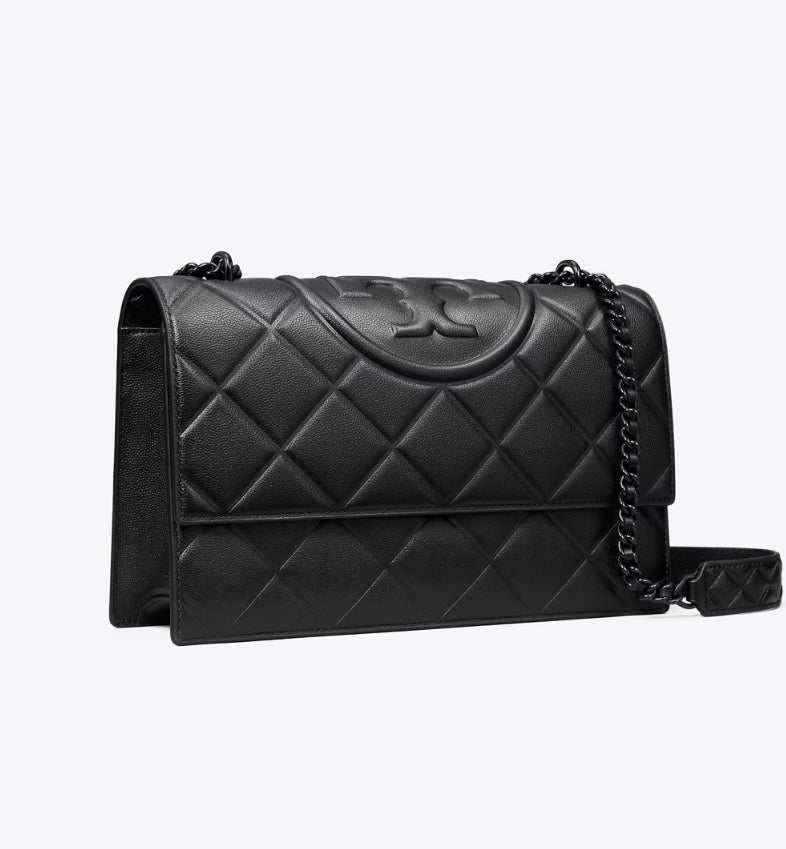 TORY BURCH SMALL FLEMING POLISHED-GRAIN SHOULDER BAG - Black / Black