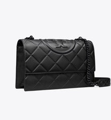 TORY BURCH SMALL FLEMING POLISHED-GRAIN SHOULDER BAG - Black / Black