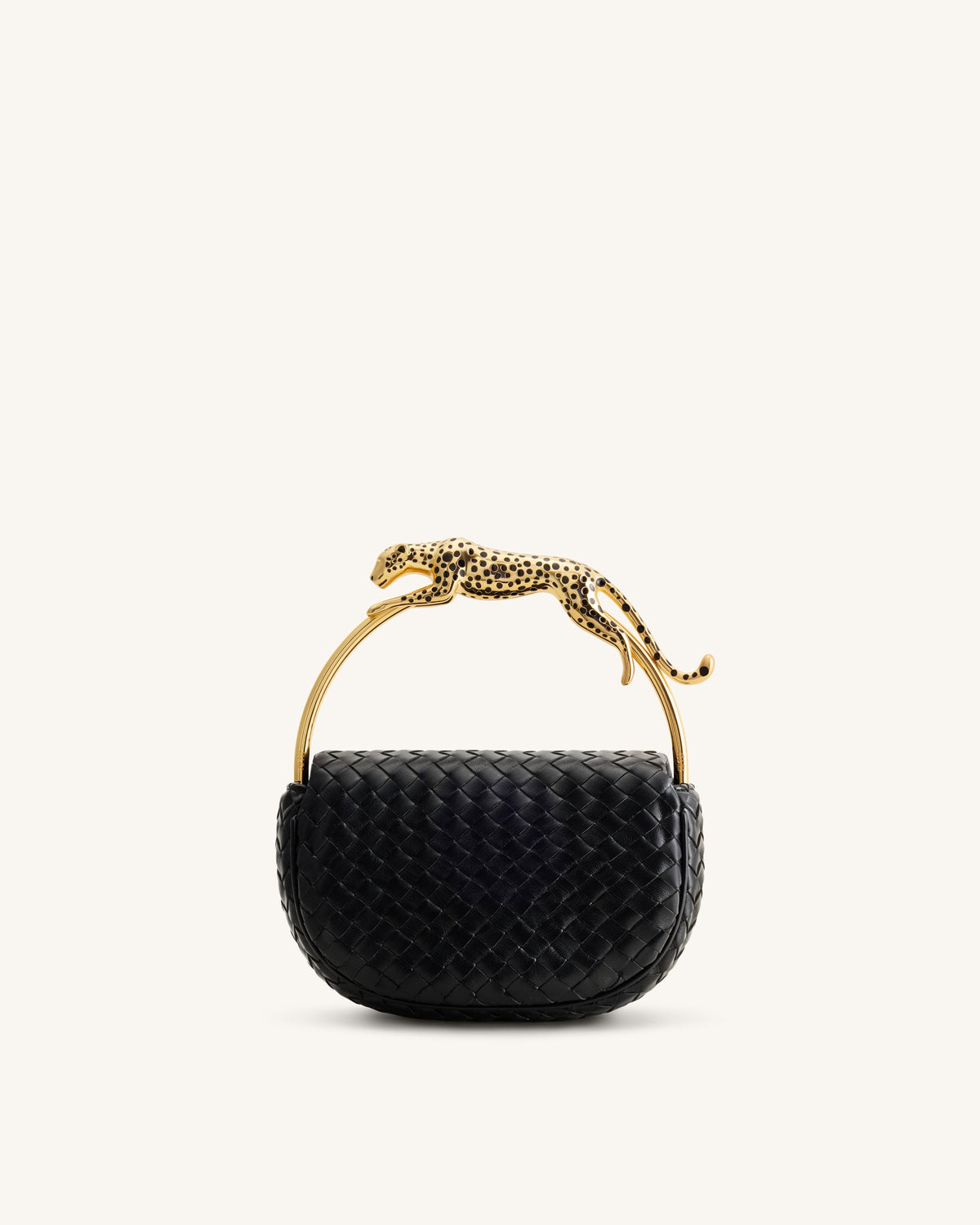 JW PEI Ione Leopard Shaped Hardware Handle Woven Top Handle Bag - Black