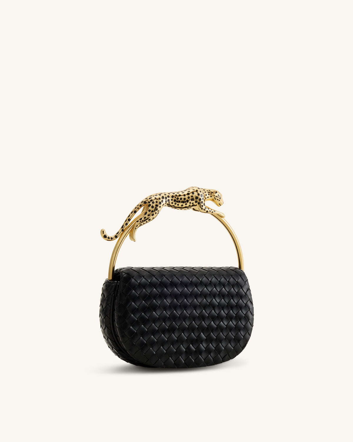 JW PEI Ione Leopard Shaped Hardware Handle Woven Top Handle Bag - Black
