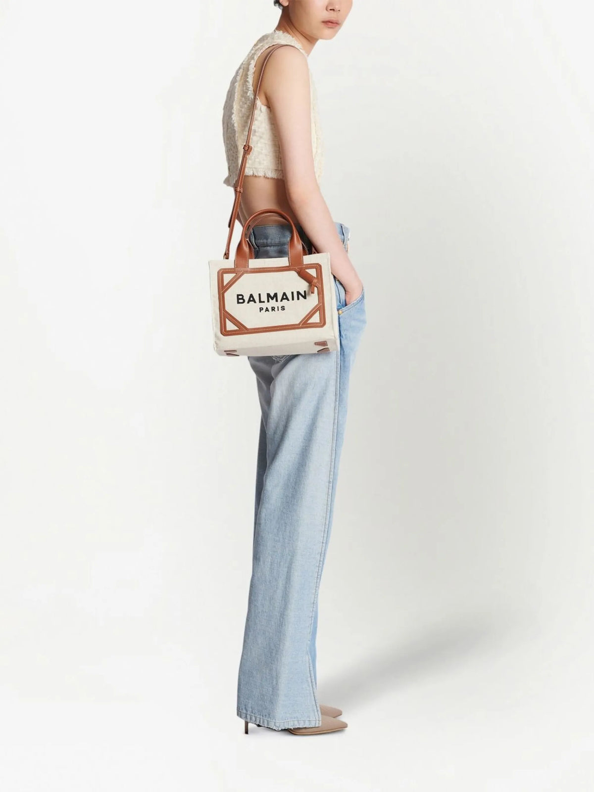 Balmain Women's B-Army Small Canvas Tote Bag Beige