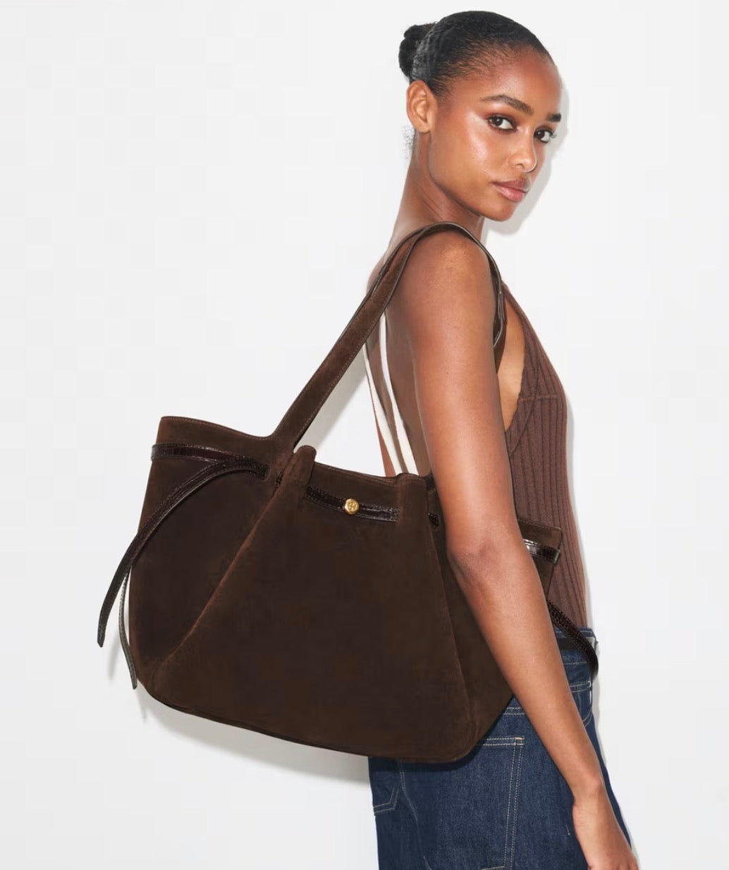TORY BURCH ROMY SUEDE TOTE - dark cocoa
