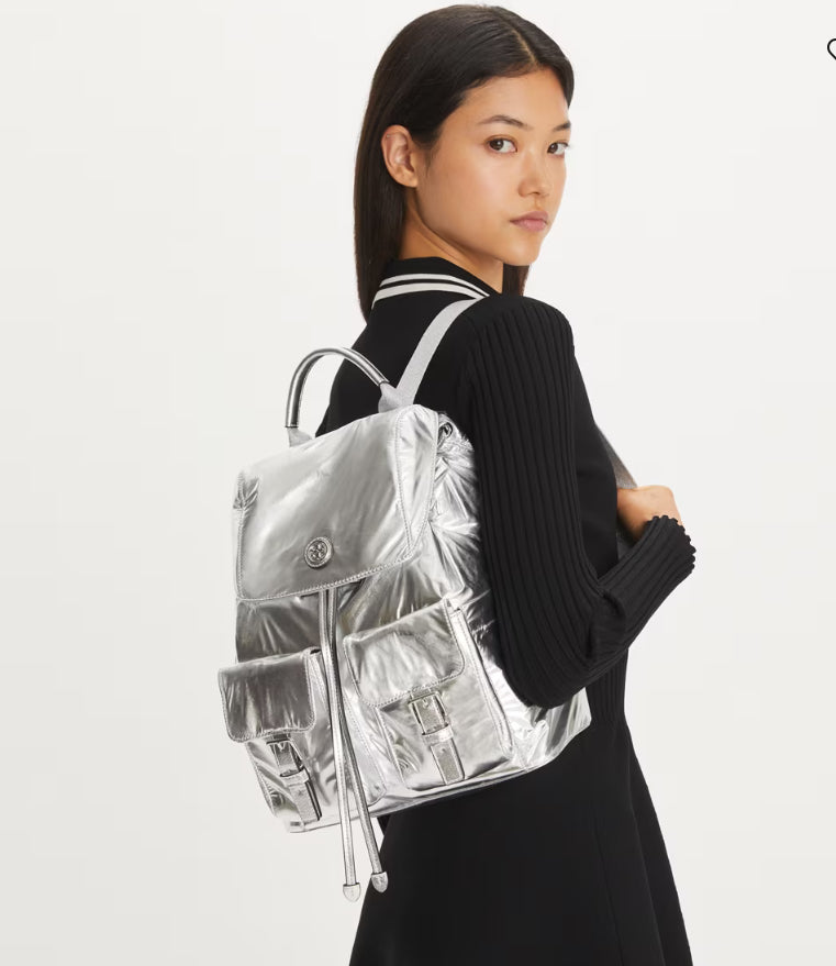 TORY BURCH VIRGINIA METALLIC FLAP BACKPACK - SILVER
