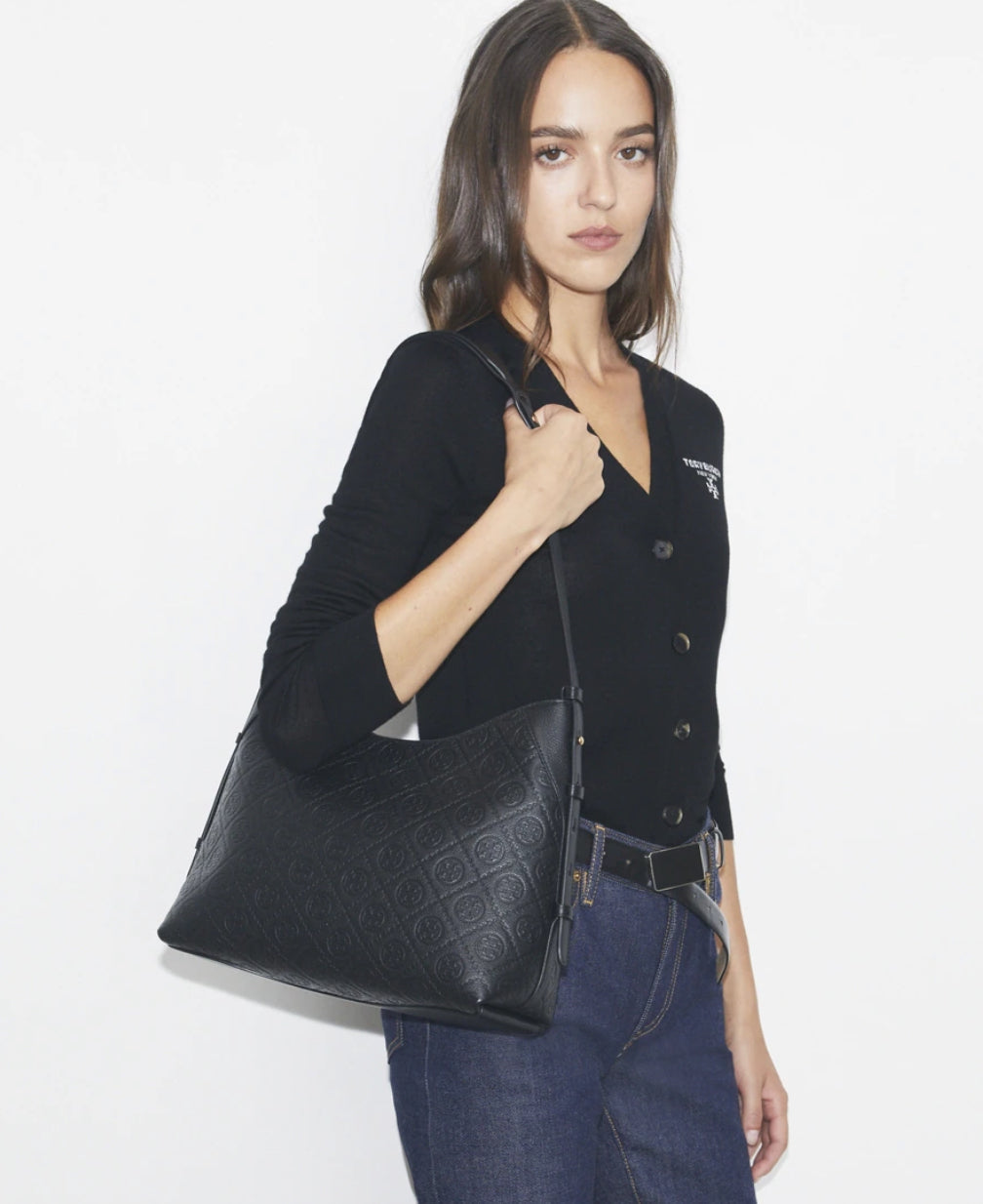 TORY BURCH T MONOGRAM PEBBLED MESSENGER BAG-Black