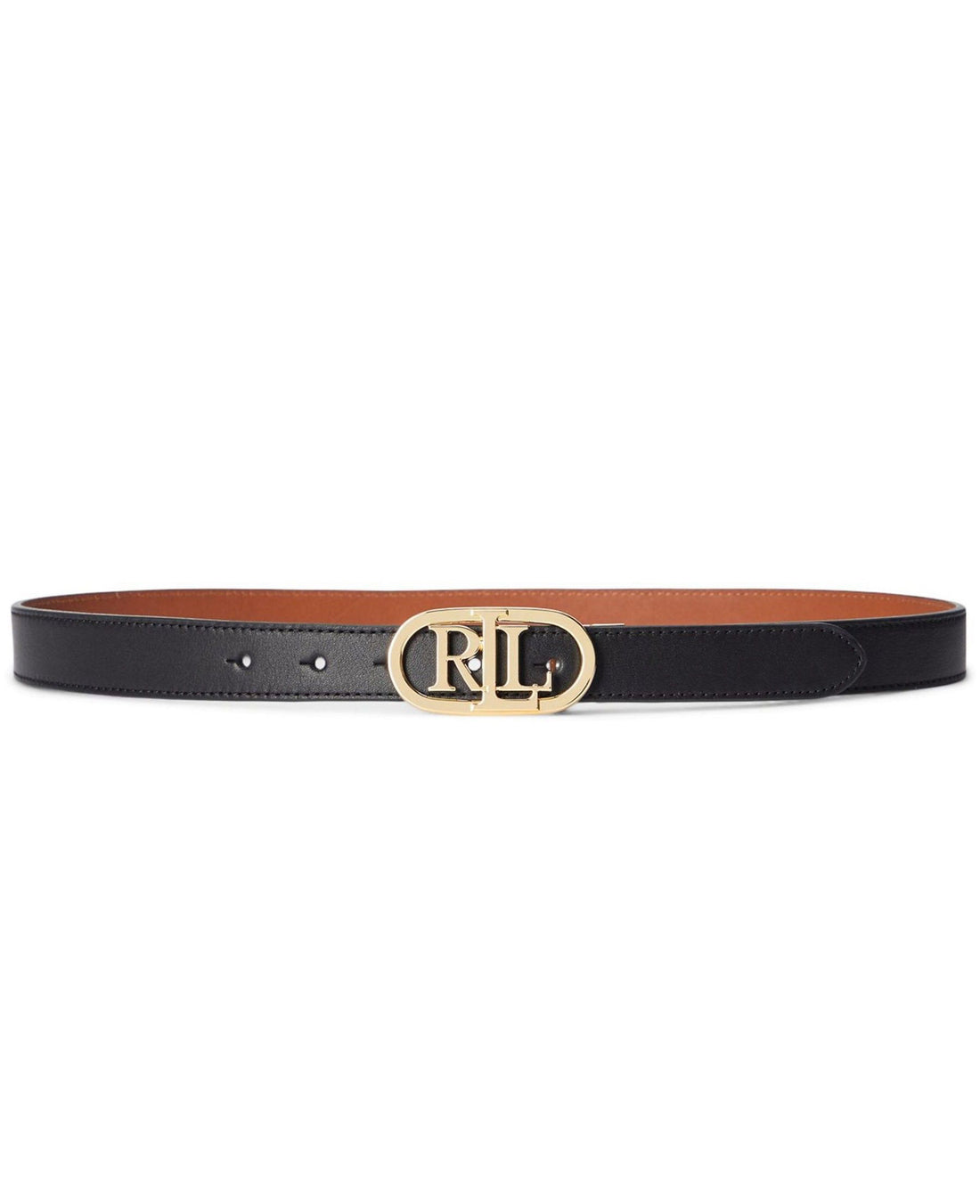 Ralph Lauren Oval-Logo Reversible Leather Skinny Belt Black Tan