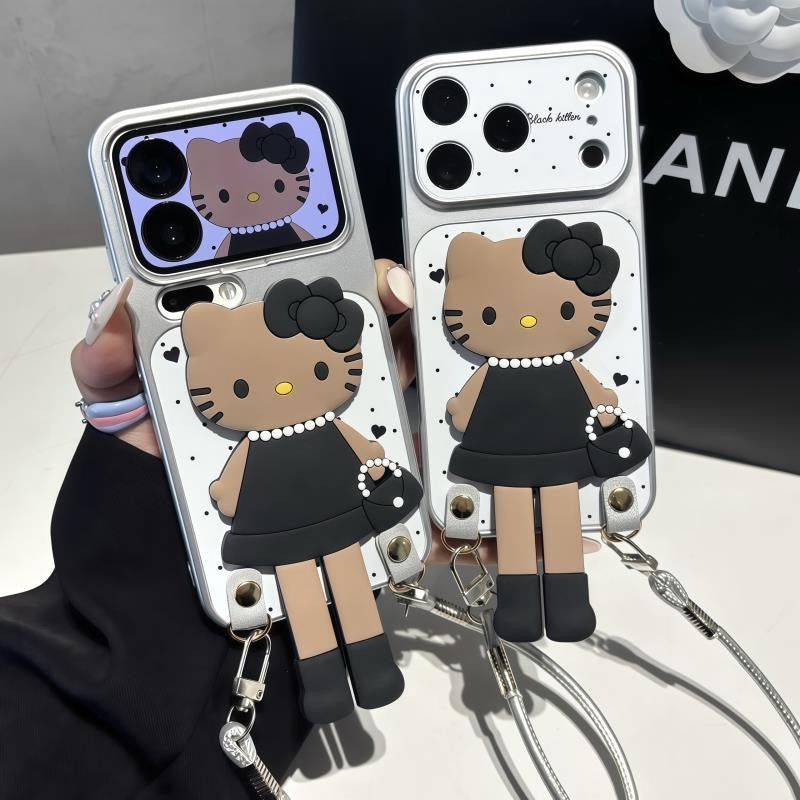 Aieda Black Leather Hello Kitty Lanyard Stand Phone Case