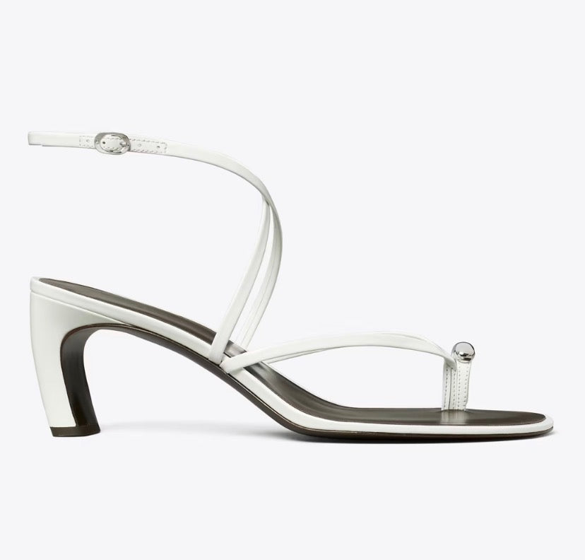 TORY BURCH PIERCED MULTI-STRAP HEELED SANDAL  -  white / silver