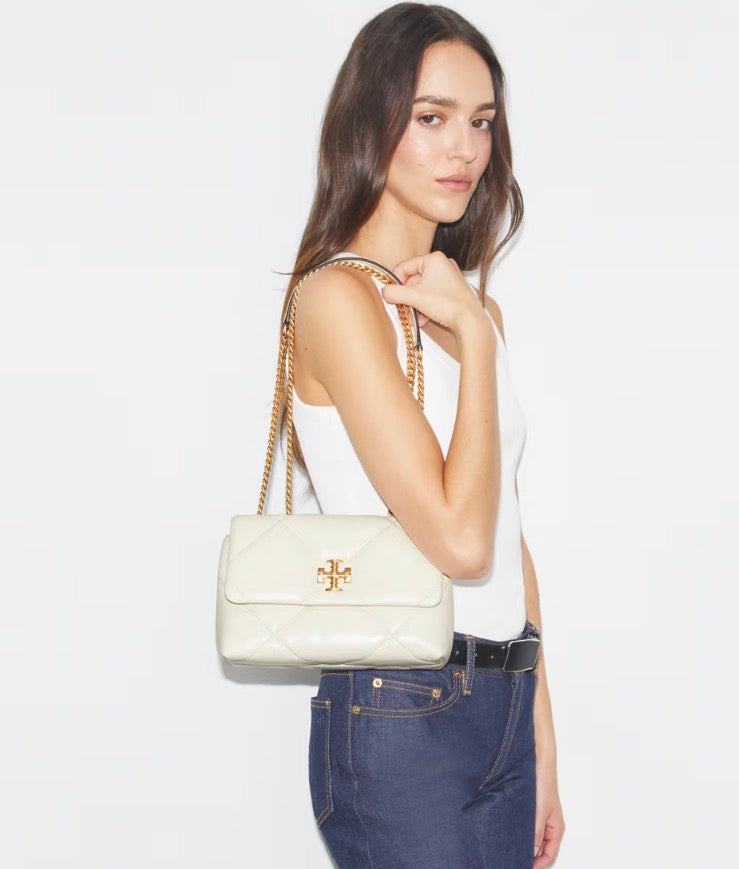 TORY BURCH SMALL KIRA DIAMOND QUILT SHOULDER BAG  -  warm white