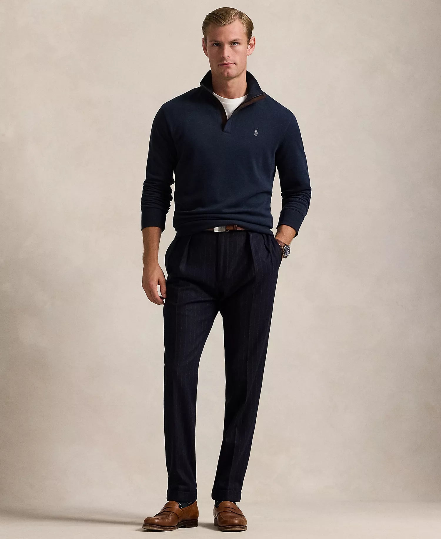 Ralp Lauren Men's Luxury Jersey Quarter-Zip Pullover Sweater-Navy