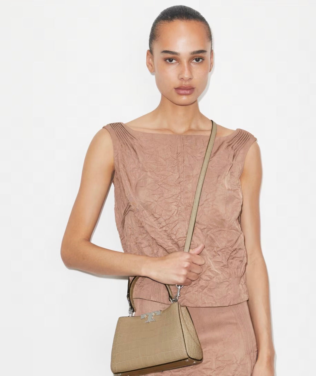 TORY BURCH MINI ELEANOR SOFT CROC-EMBOSSED SATCHEL BAG   -  ginger leaf