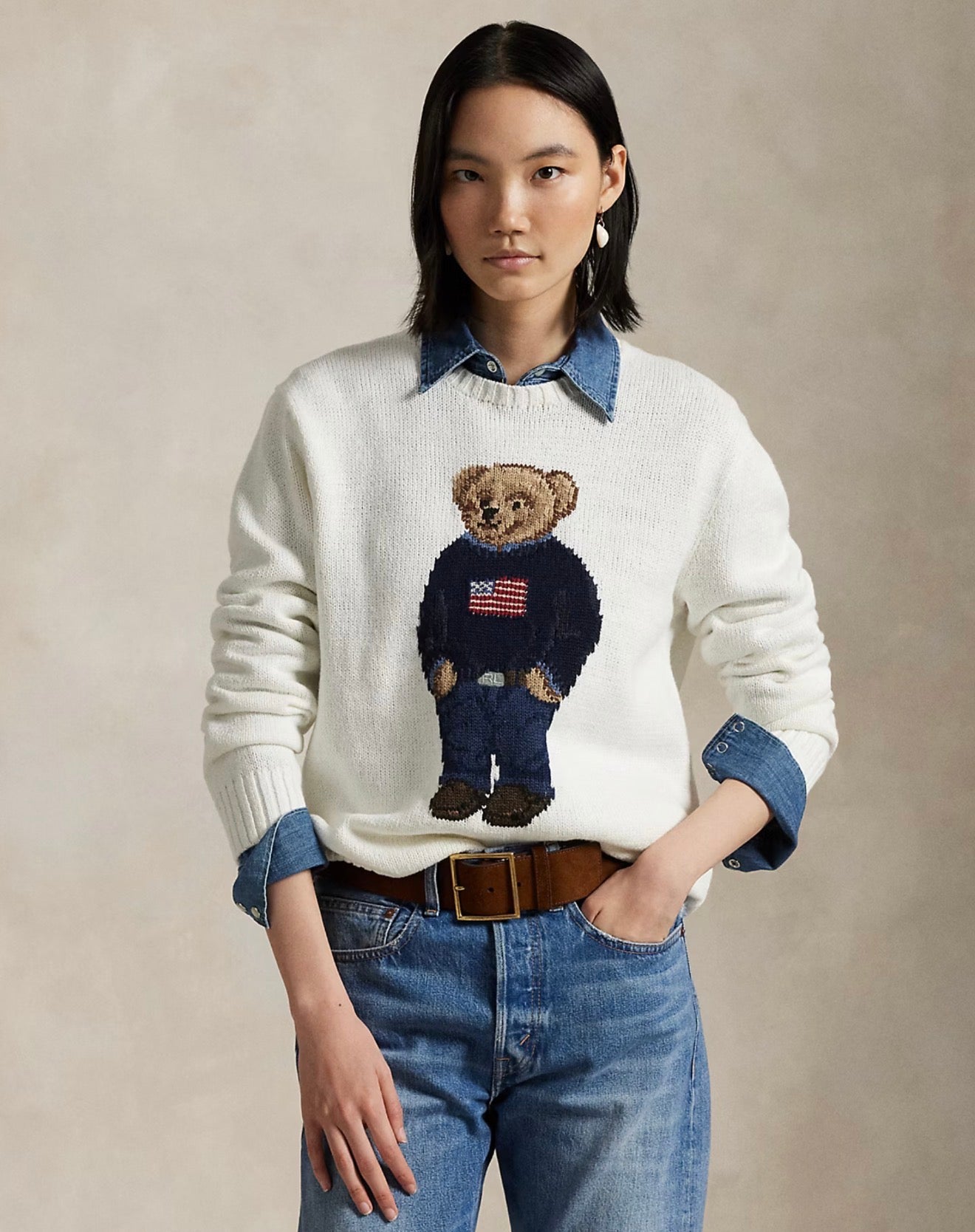 Ralph Lauren Polo Bear Linen-Cotton Crewneck Sweater  -  Deckwash White Multi