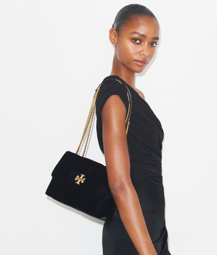 TORY BURCH SMALL KIRA DIAMOND QUILT VELVET PAVÉ SHOULDER BAG  -  black