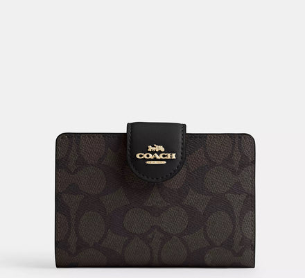 Coach Medium Corner Zip Wallet In Signature - Gold/Walnut/Black
