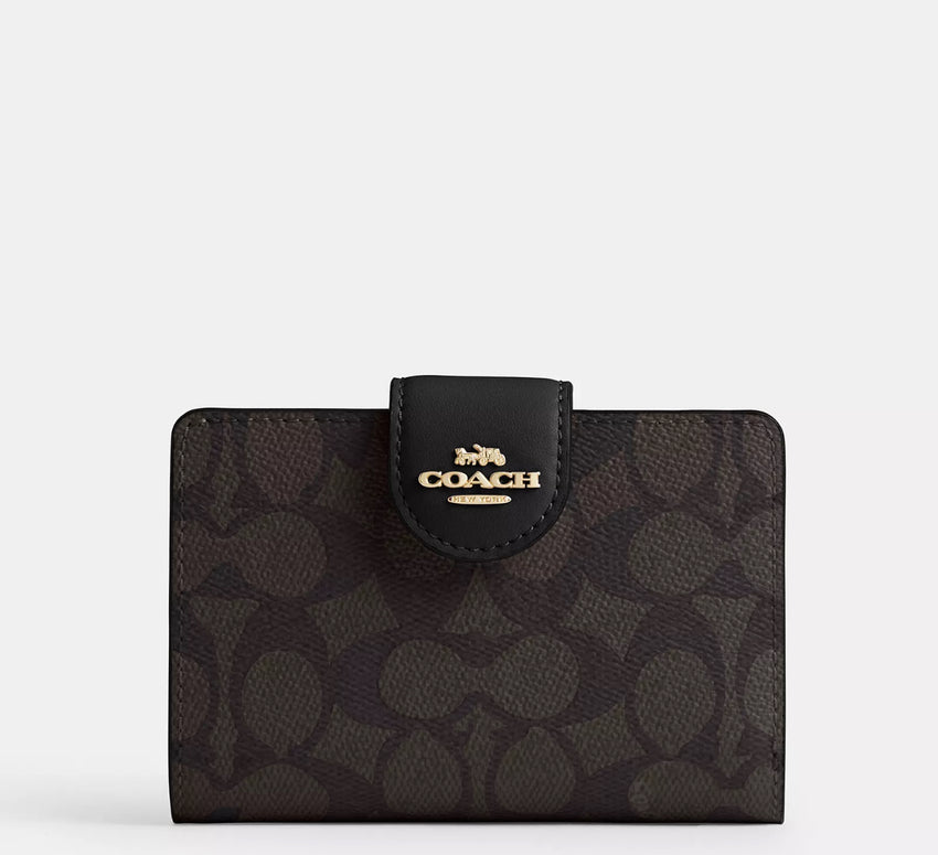Coach Medium Corner Zip Wallet In Signature - Gold/Walnut/Black