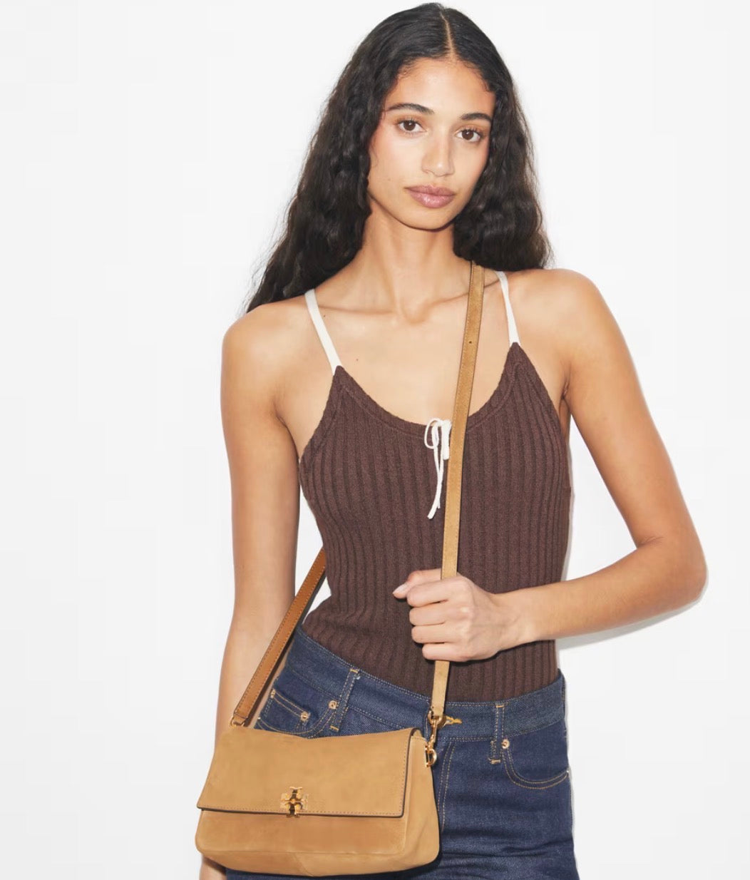TORY BURCH SMALL CHARLIE SUEDE SHOULDER BAG  - toffee