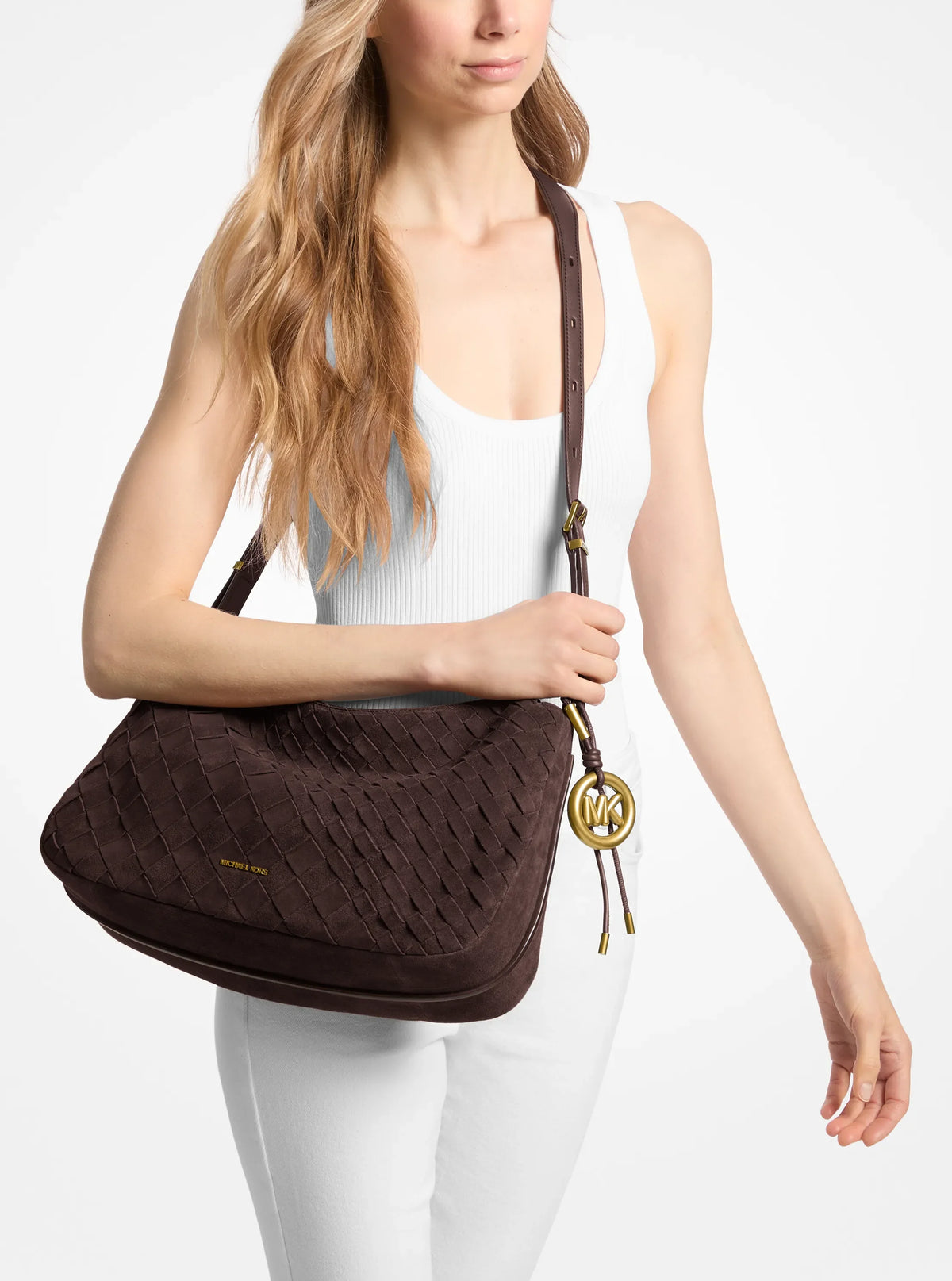 Michael Kors Nolita Medium Hand-Woven Suede Shoulder Bag-CHOCOLATE
