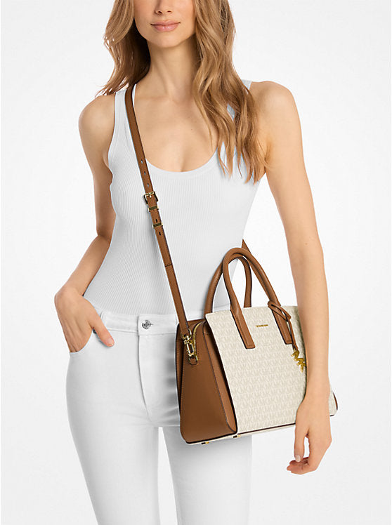 Michael Kors Laila Medium Signature Logo Satchel Vanılla /Acorn