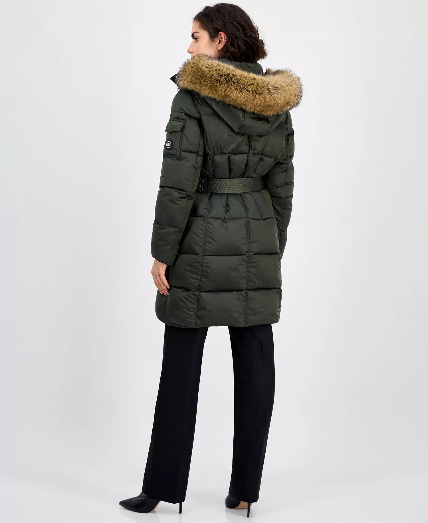 Michael Kors Women's Belted Hooded Faux-Fur-Trim Puffer Coat 9 -Ivy
