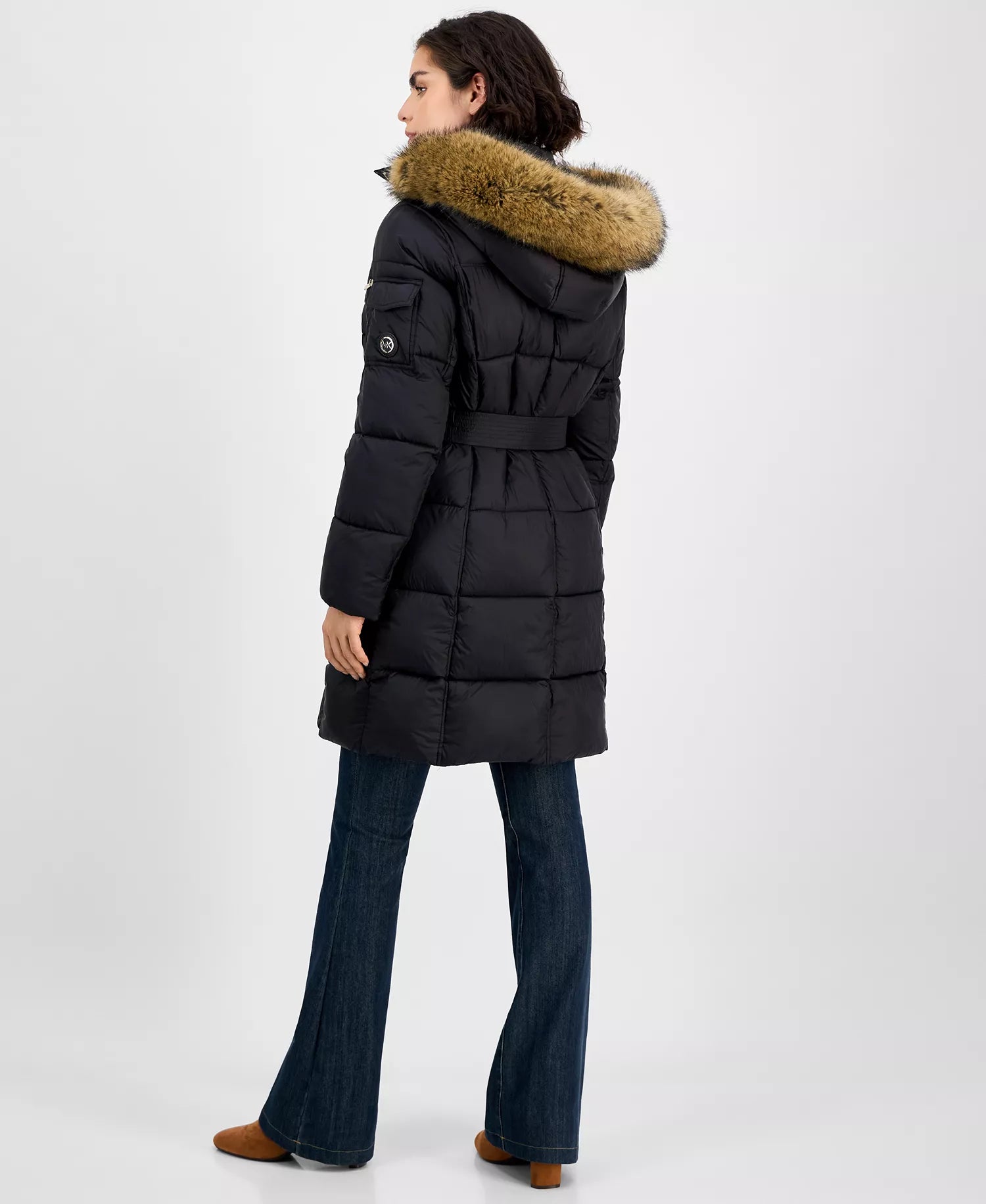 Michael Kors Women's Belted Hooded Faux-Fur-Trim Puffer Coat 9 -Black