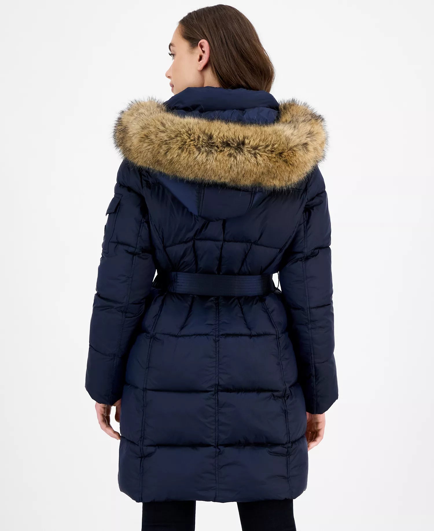 Michael Kors Women's Belted Hooded Faux-Fur-Trim Puffer Coat 9 -Midnight