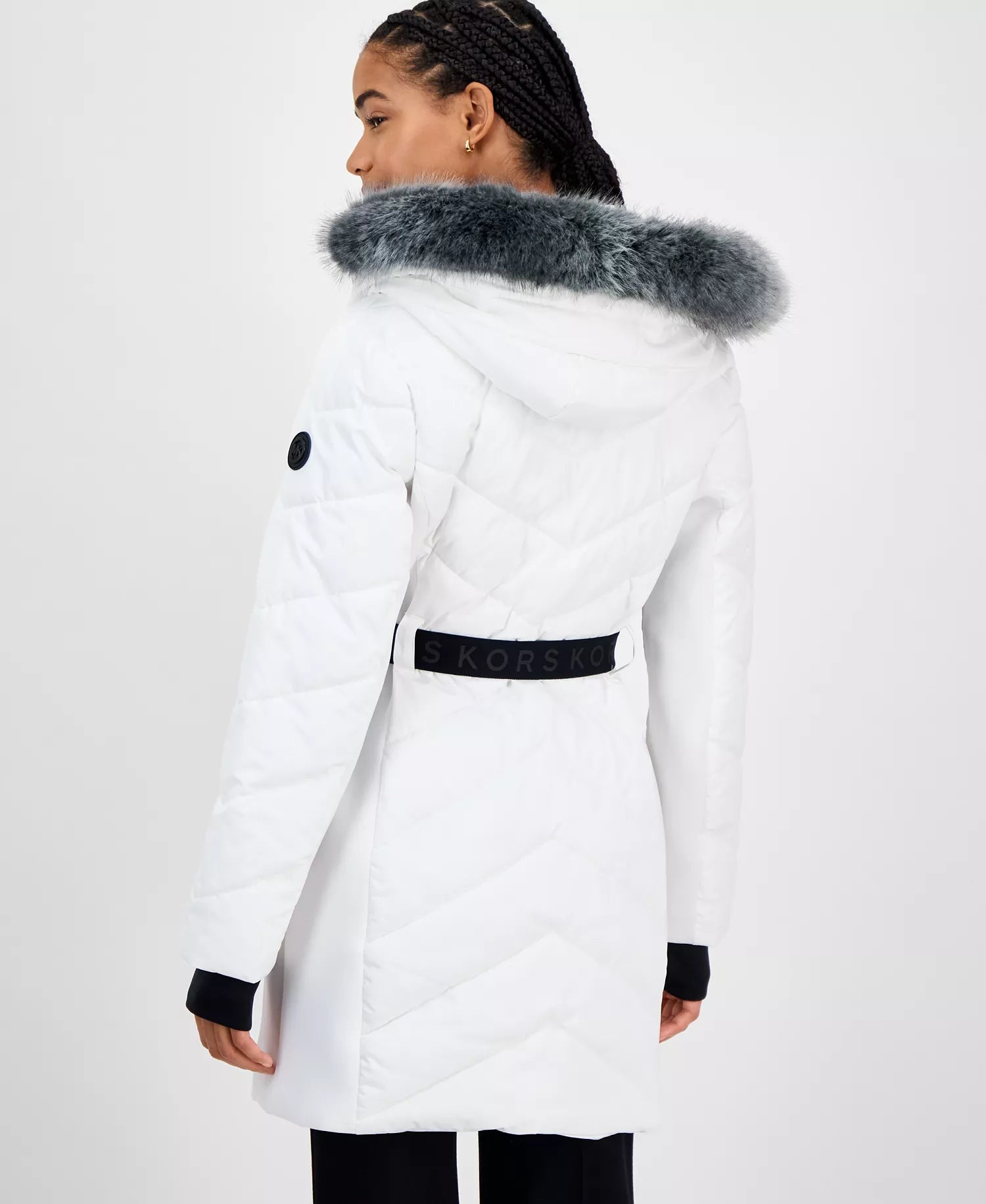 Michael Kors Women's Faux-Fur-Trim Hooded Belted Puffer Coat-White