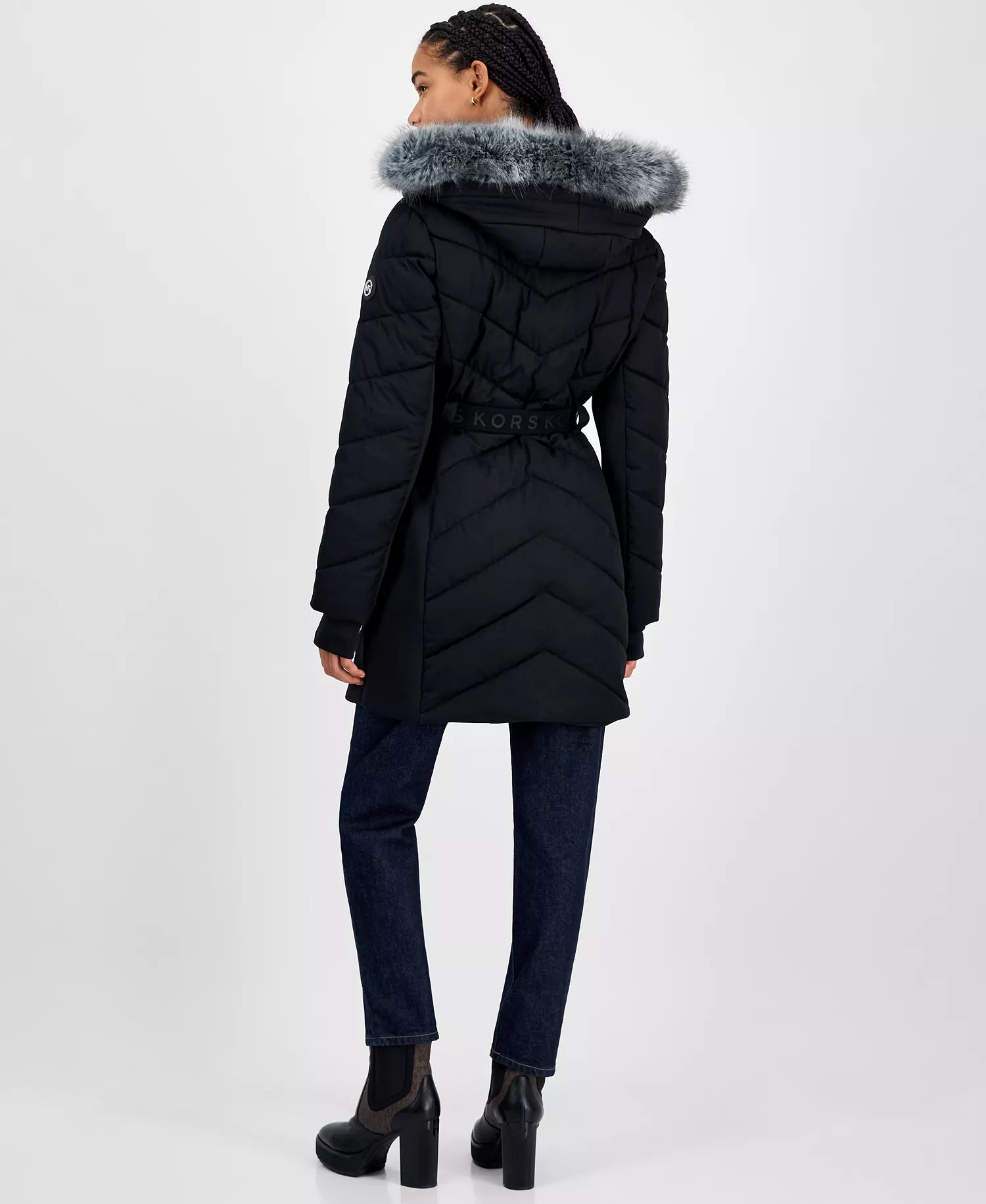 Michael Kors Women's Faux-Fur-Trim Hooded Belted Puffer Coat-Black