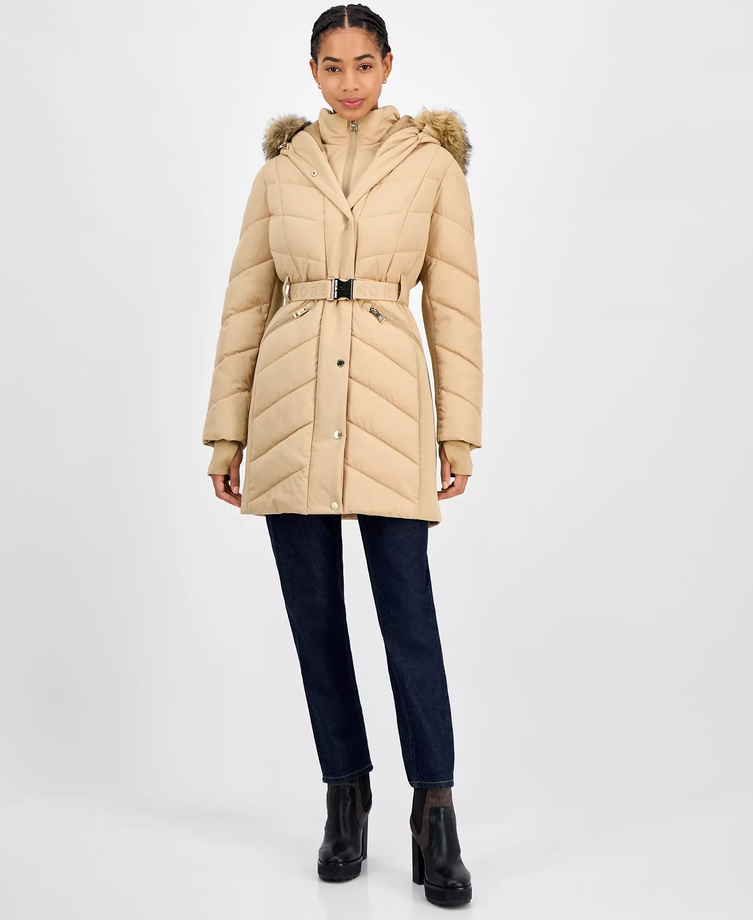 Michael Kors Women's Faux-Fur-Trim Hooded Belted Puffer Coat-Khaki