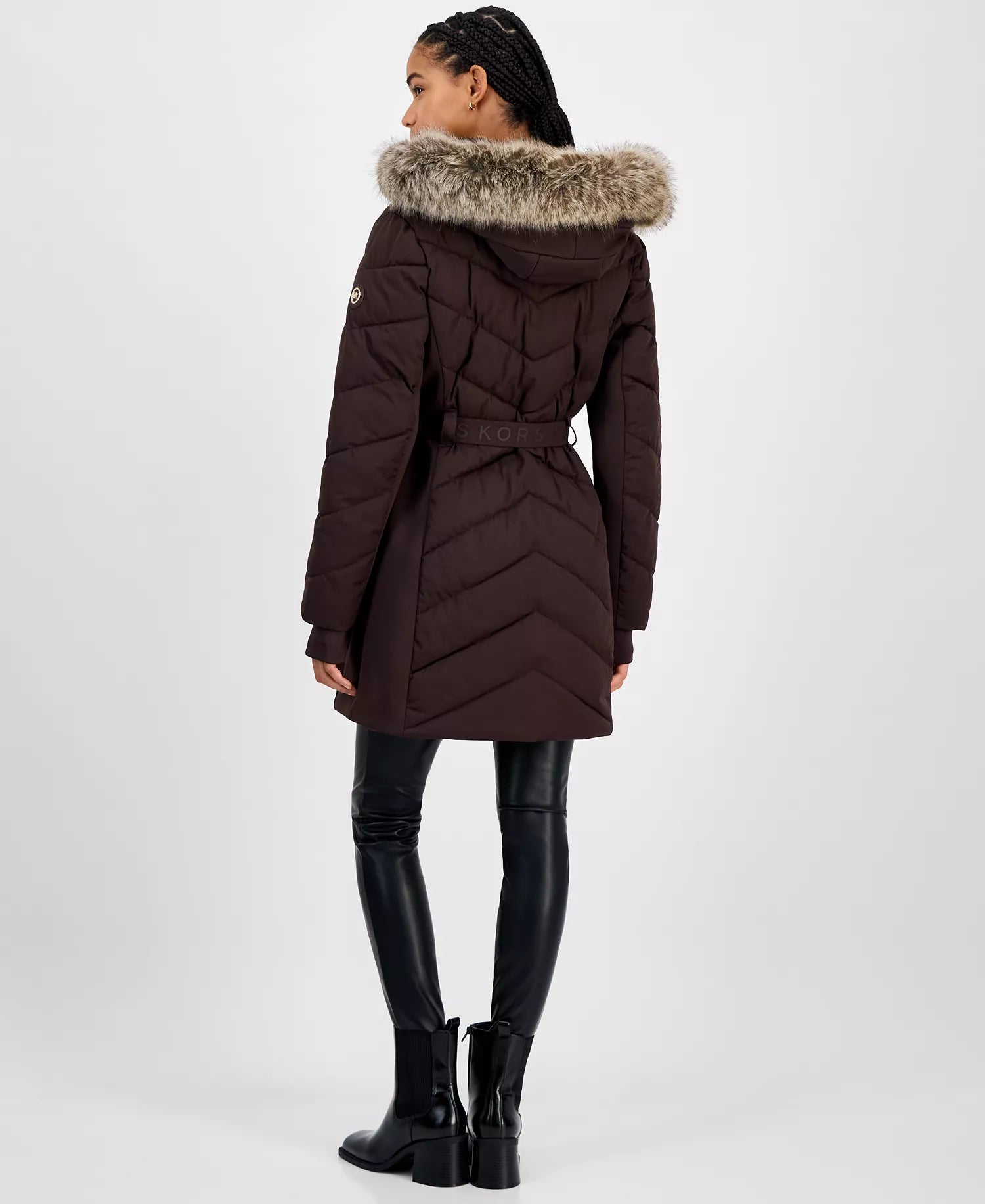 Michael Kors Women's Faux-Fur-Trim Hooded Belted Puffer Coat-Chocolate