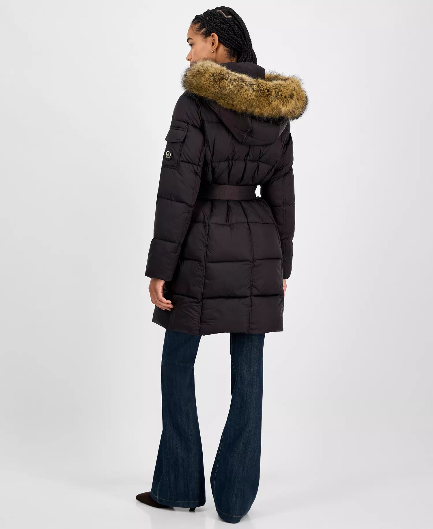 Michael Kors Women's Belted Hooded Faux-Fur-Trim Puffer Coat 9 -Chocolate
