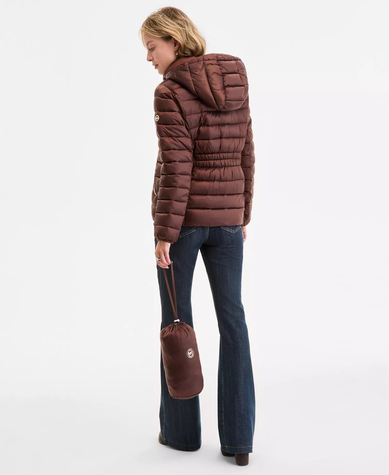 Michael Kors Women's Hooded Shine Packable Puffer Coat-Dk Caramel