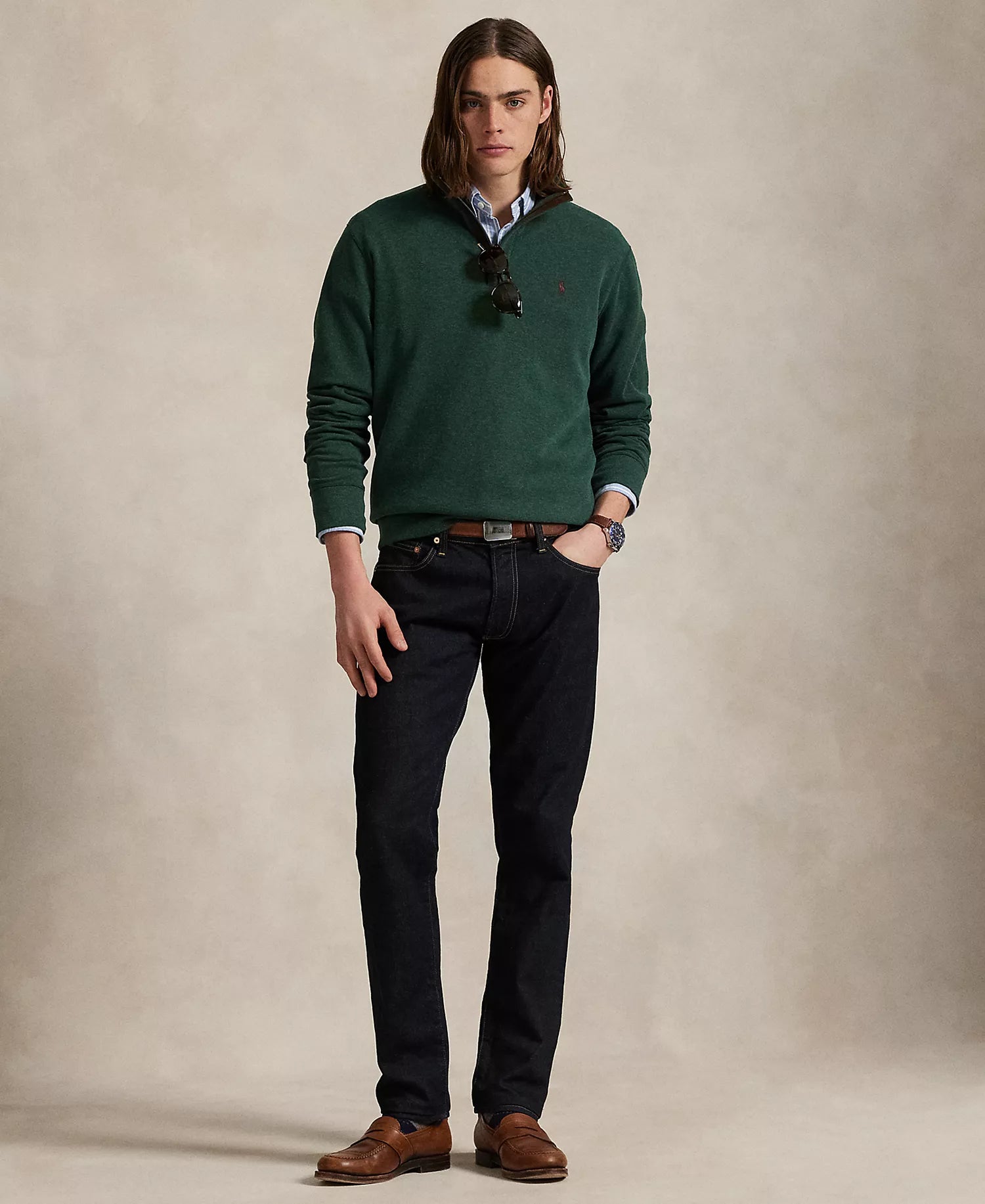 Ralp Lauren Men's Luxury Jersey Quarter-Zip Pullover Sweater-Scotch Pine Heather