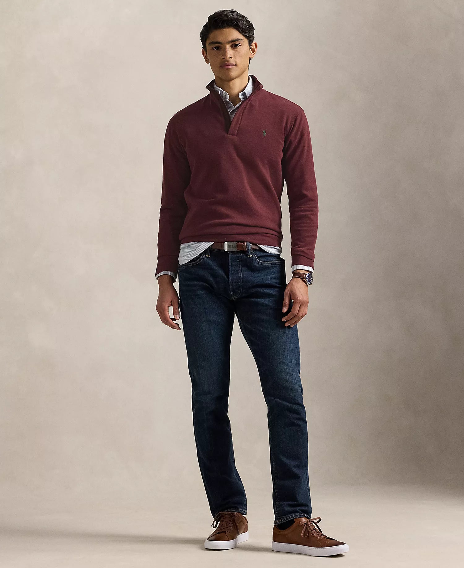 Ralp Lauren Men's Luxury Jersey Quarter-Zip Pullover Sweater-Spring Wine Heather