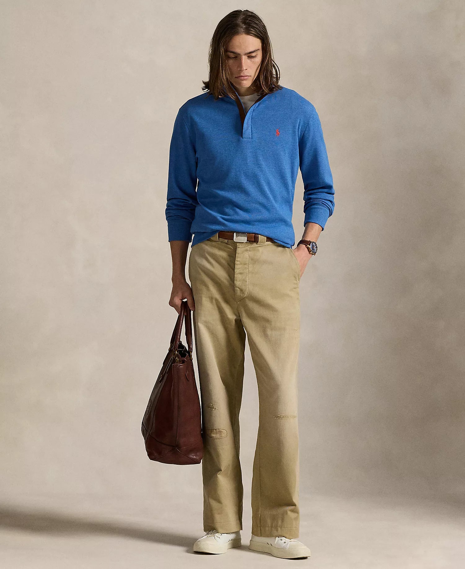 Ralp Lauren Men's Luxury Jersey Quarter-Zip Pullover Sweater-Fresh Surf Heather