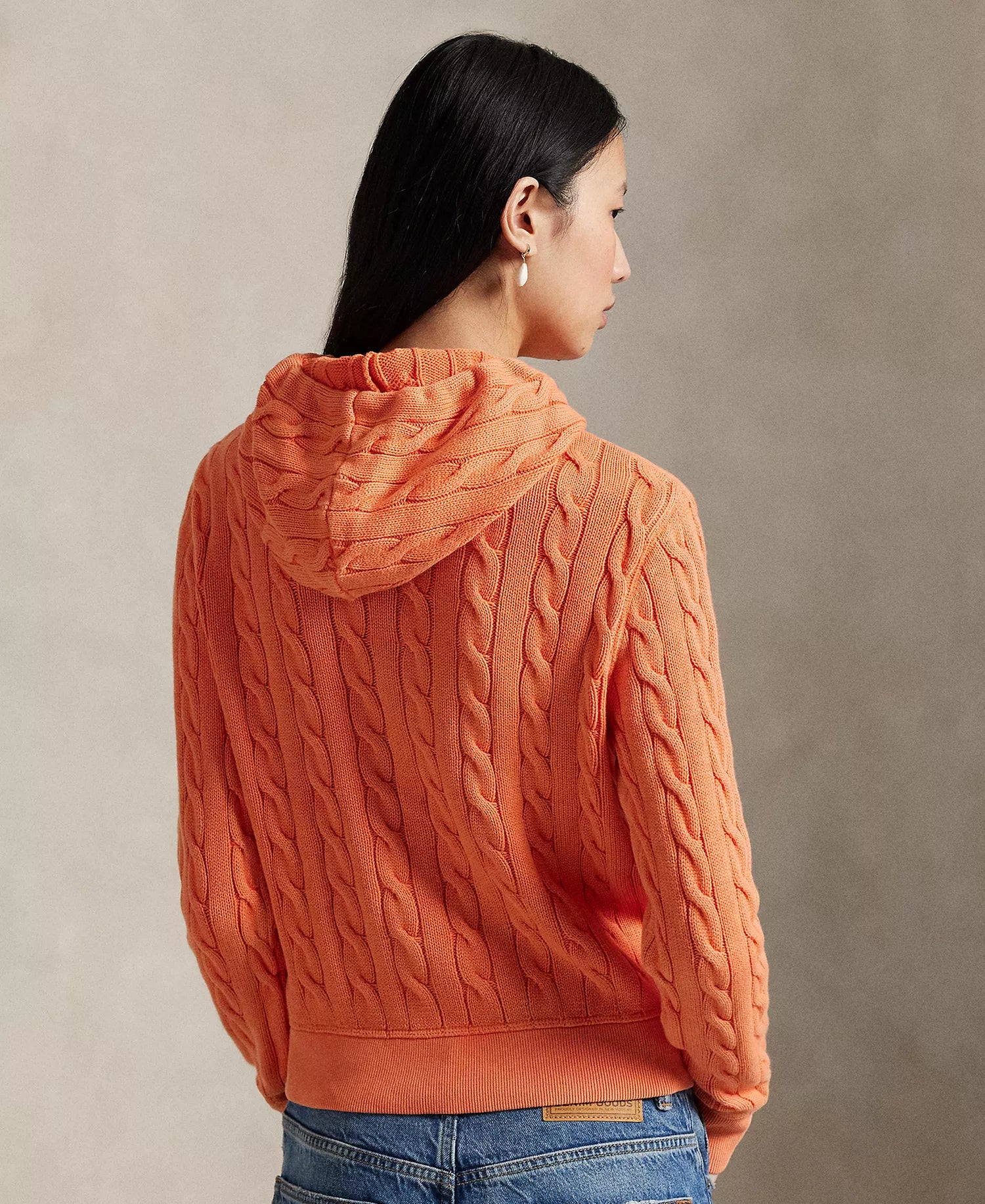 Ralph Lauren Women's Cable-Knit Cotton Full-Zip Hoodie Sweater-May Orange