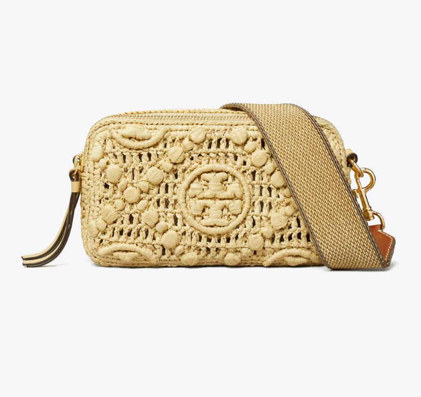 TORY BURCH T MONOGRAM MINI MILLER RAFFIA CROSSBODY BAG - NATURAL