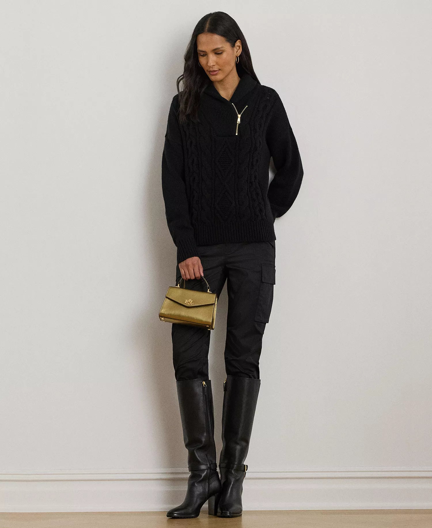 Ralph Lauren Women's Cable Shawl-Collar Quarter-Zip Sweater-Black